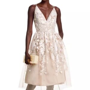 Eliza J Pleated Cocktail Dress Taupe Sz 6 Floral Embroidered Overlay